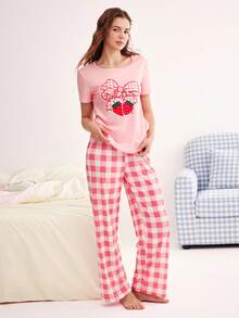 Eraneu Women's Strawberry Bow Print Short Sleeve & Plaid Long Pants Pajama Set - Pink - View 3