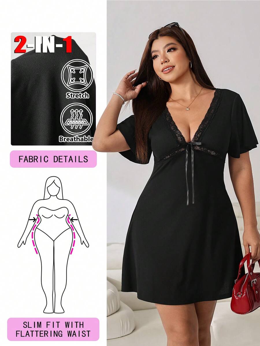 Solflare Black Casual Elegant Plus Size Women's Contrast Lace Bow Decor Short Sleeve Dress Evening Summer - Black - View 1