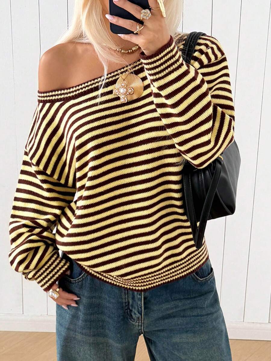 SHEIN EZwear 女款休閒條紋長袖針織衫,秋冬款 - 彩色 - 查看 1
