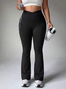 Velisys Velisys 2pcs Plus Size Flare Pants Black & Dark Brown Knit Seamless Crossover Waist Sexy New Style Suitable For Spring Summer Autumn Winter Outdoor Wear - Multicolor - View 3