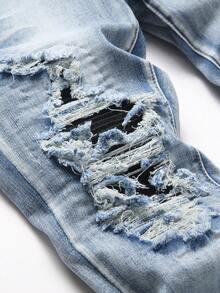 Manfinity Roughcore Men's Fashion Versatile Pocket Button Distressed Denim Jeans - Light Wash - View 5