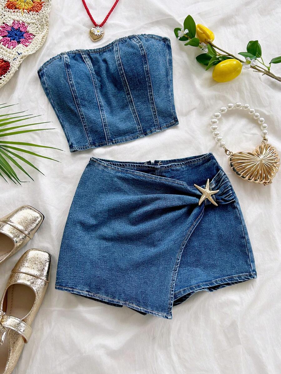 Soleia New Back To School Season Casual Vacation Western Beach Wedding Guest Outfit Graduation Brunch Women's Clothing St. Patrick's Day Spring Break Easter Music Festival Elegant Bohemian Tropical Elegant Metal Decor Tube Top Asymmetrical Skirt Blue Women's Denim Two Pieces Set - Blue - View 1