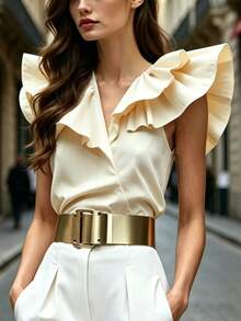 SHEIN Apricot Sleeveless Slim Fit Women's Shirt, Elegant Vacation , Apricot Sleeveless Slim Fit Women's Shirt For Spring/Summer, Apricot Sleeveless Slim Fit Women's Shirt For New Spring/Summer - Apricot - View 3
