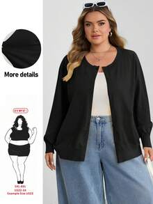 SHEIN CURVE+ 大尺碼女款休閒純色圓領長袖寬鬆剪裁上衣 - 黑色 - 查看 1