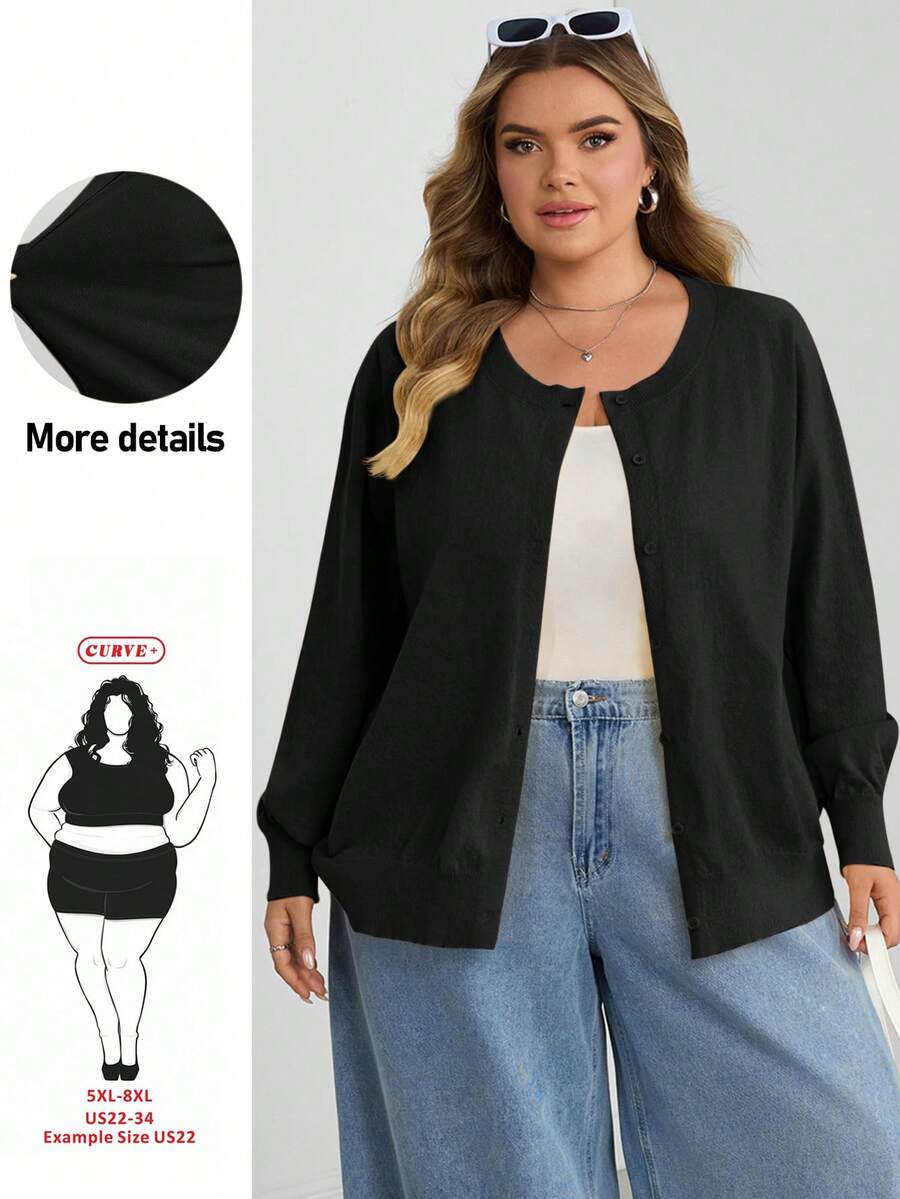 SHEIN CURVE+ 大尺碼女款休閒純色圓領長袖寬鬆剪裁上衣 - 黑色 - 查看 1