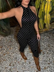 SHEIN SXY 波點印花性感掛脖拉鍊前襟緊身連身褲 - 黑與白 - 查看 6