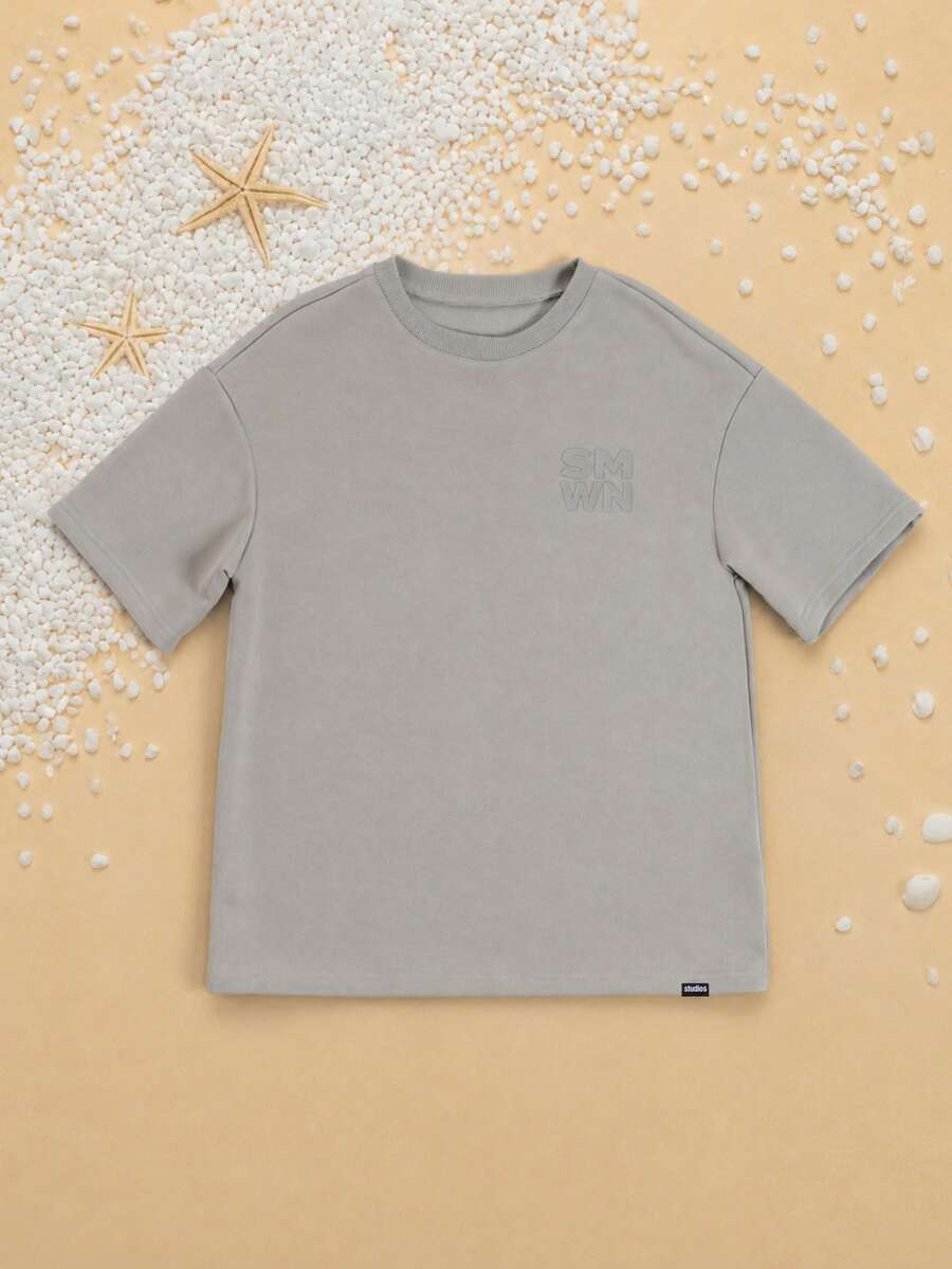 SUMWON Puff Logo Crew Neck Oversized Short Sleeve T-Shirt For Tweens Casual Everyday Summer Essential Top - Grey - View 1