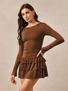 Hourtrue New Solid Color Slim Fit Elegant Long Sleeve Nightgown, High-Quality Sleepwear For Women, Autumn/Winter - Brown - View 3