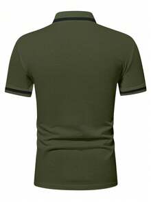 Calvornis 男士夏季休閒拼接飾邊短袖 Polo 衫 - 軍綠色 - 查看 2