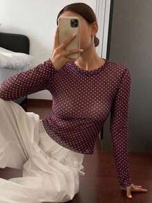 DAZY 女款圓領波點修身百搭日常穿著上衣 - 紫色 - 查看 6