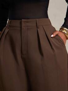 Radiana Plus Size Women's Minimalist Business Casual Fashion Brown Plus Size Wide Leg Capris Pants, Commuter Office Trousers Summer - Brown - View 7