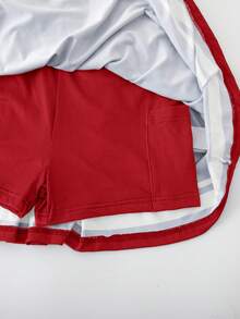SHEIN Tween女孩休閒運動字母黑白拼接交叉背心運動洋裝 - 紅色 - 查看 4