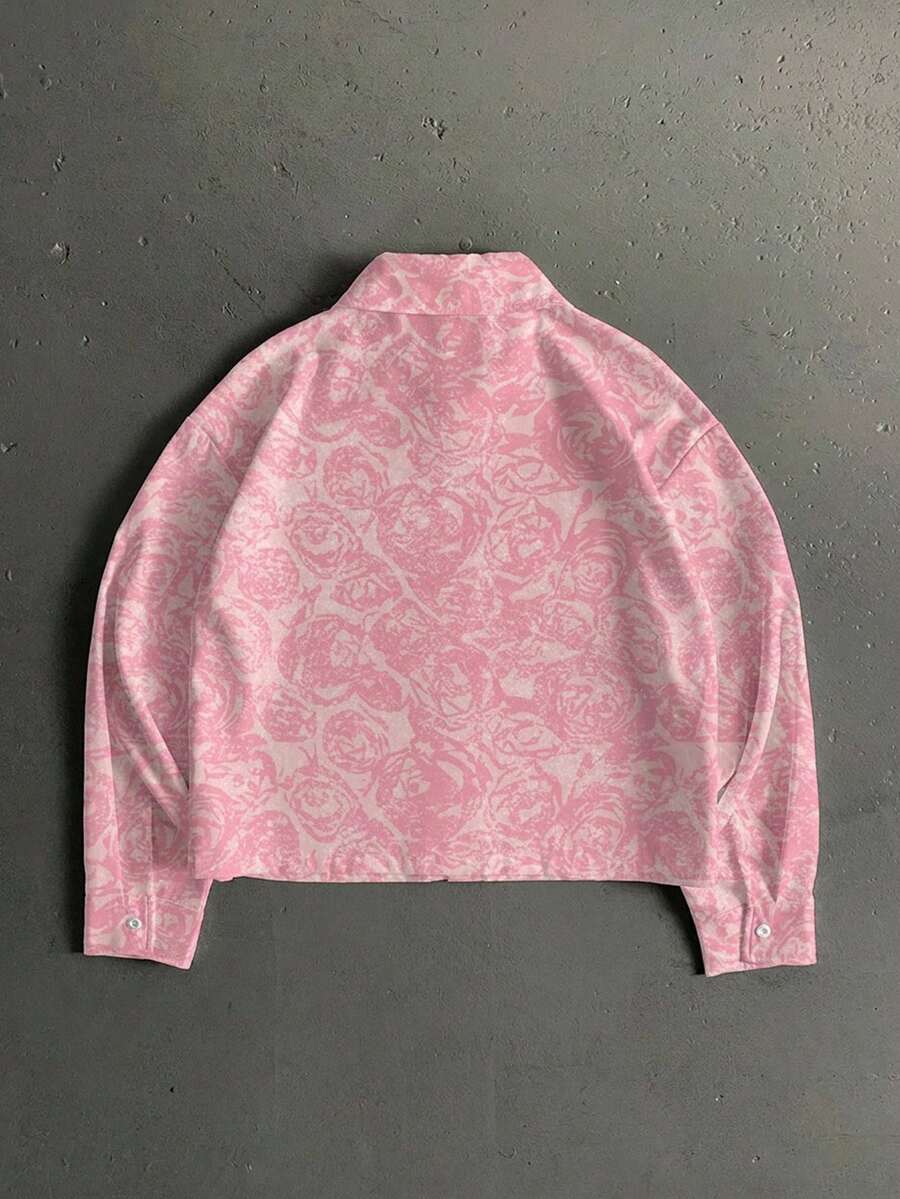 Manfinity ZONE917 Kemeja Lengan Pendek Kasual Model Boxy Crop dengan Motif Mawar Merah Muda, Cocok untuk Musim Panas, Hadiah untuk Pacar - Berwarna merah muda - View 1