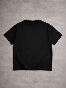 Manfinity EMRG 男士字母刺繡時尚街頭風圓領短袖T恤 - 黑色 - 查看 3