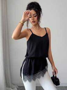 SHEIN Damen-Camisole Einfarbig mit kontrastierender Spitze und asymmetrischem Saum - Schwarz - Übersicht 8