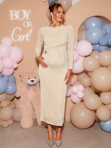 Loomaby Maternity Solid Color Pleated Metal Decor Casual Party Babyshower Photoshoot Travel Dress Gender Reveal Wedding Birthday Autumn - Khaki - View 11