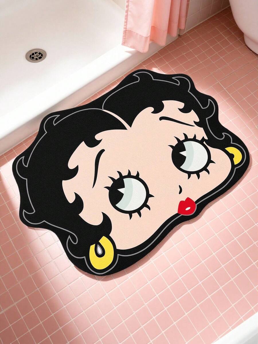 Betty Boop x SHEIN 1件裝可愛Betty印花大頭地墊,浴室地毯,吸水材質,防滑底層 - 貝蒂小姐黑色 - 查看 1