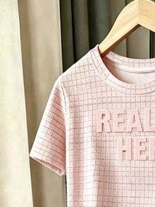 Resyla Setelan 2 Potong Wanita: Kaos Lengan Pendek Leher Bulat Motif Kotak-kotak dan Huruf serta Celana Pendek - MultiWarna - View 3