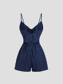 Ceyna Mono de talla grande de color liso, casual, minimalista, de tejido texturizado con lazo de amarre en la espalda - Azul Marino - Ver 2