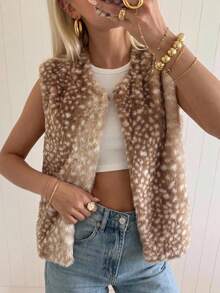 SHEIN EZwear 復古70年代優雅休閒街頭風棕色與白色波點人造毛無袖背心，生日旅行杜拜假期冬季日常穿搭 - 摩卡棕 - 查看 10