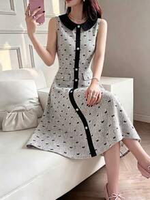 Teen Girl Bow Print Colorblock Fashion Dress, Suitable For Campus Daily, , Parties, Afternoon Tea And Other Light Luxury Occasions - Grey - View 3