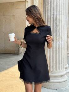 SHEIN PariChic French Elegant Lace Patchwork Short Dress, Suitable For Daily Outings In Summer - Black - View 5