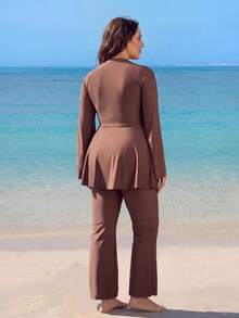 Swim Mulvari Plus Size 2pcs Set Solid Color Knit Fabric Long Sleeve Top With Star Metal Decoration On Waist Side, Long Flare Pants, Flattering And Slimming Middle Eastern Burkini - Brown - View 2