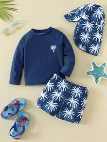 SHEIN Bubblio Unisex Baby 3pcs/Set Blue Cute Coconut Tree Pattern Long Sleeve Rash Guard Swimsuit And Sun Protection Hat Set, Swimwear For Beach, Swimming, Vacation - Navy Blue - View 3