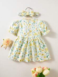 SHEIN Newborn Baby Pink Dress & Bow Headband Set, Cute Princess Style - Yellow - View 3