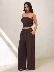 SHEIN PETITE 2026春夏新款女裝－棕色露肩T恤與休閒長褲套裝，適合夏季穿著，適用於居家、外出、海邊旅行、時尚造型、休閒穿搭、通勤、度假、浪漫場合與日常穿著，搭配多樣化造型 - 棕色 - 查看 7