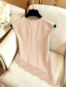 SHEIN Franclia 女款蕾絲拼接圓領休閒百搭日常穿著襯衫 - 卡其色 - 查看 2