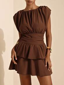 Elafinee Women's Summer Elegant Casual Solid Color Waist-Cinching Dress Brunch Date Coffee Brown - Brown - View 1