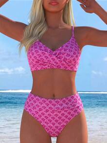 Swim Lushoire Conjunto de traje de baño de dos piezas con estampado completo de playa de vacaciones - Multicolor - Ver 1