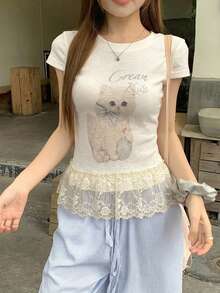 DAZY 春夏女款修身動物印花T恤 - 白色 - 查看 4