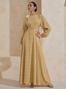 Graceveil Waist-Cinched Tie-Up Polka Dot 3D Floral Decor Elastic Sleeve Full Skirt Arabian Dress - Camel - View 7