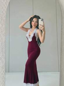 Sweetina Deep V-Neck Lace Trim Backless Long Mermaid Dress - Purple - View 5