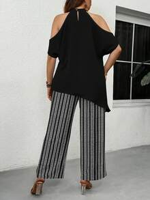 EMERY ROSE Plus Size Two Pieces Set,Black And White Striped Cold Shoulder Halter Top With Asymmetrical Hem,Drawstring Pants,Boho Elegant Summer Vacation Holiday - Multicolor - View 2