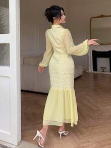 Modelyn Elegant Romantic Double-Breasted Lapel Collar Chiffon Patchwork Yellow Jacquard Dress Tea Party Summer - Yellow - View 8