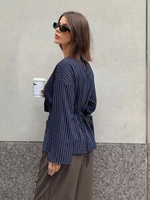 Siren Gaze Fall Women's Blue And White Striped Crew Neck Drop Shoulder Long Sleeve Blouse Unique Wrap Front Design Smart Casual Elegant Business Brunch Office - Brown - View 5