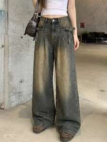 FRIFUL Women's Lace-Up Design Pleated Wide Leg Loose Casual Denim Jeans - Blue - View 1