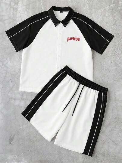PAVTROS Men's Raglan Sleeve Matching Set - Streetwear Campus Vacation Style, Embroidered Logo Casual Outfit