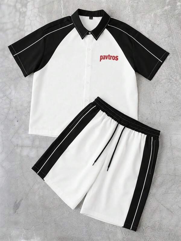 PAVTROS Conjunto a juego de manga raglán para hombre - Estilo streetwear campus vacaciones, atuendo casual con logo bordado