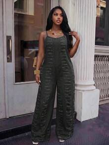 BriallanyX BriallanyX Jumpsuit Denim Wanita Super Longgar dengan Tali Bahu Tipis dan Kaki Lebar Ekstra Panjang - Dark Grey - View 4