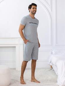Provexi Provexi Men's Letter Print Short Sleeve Top And Shorts Loungewear Set - Light Grey - View 5
