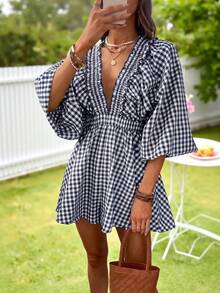 KARISMINA Woven Plaid V-Neck Puff Short Sleeve Women's Jumpsuit - Navy Blue - View 4