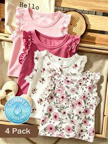 SHEIN Vintaside Kids Baby Sleeveless T-Shirt With Ruffle Sleeve, 4 Colors Available, Solid Color & Cute Print, Comfortable Summer Top For Infants - Pink - View 1