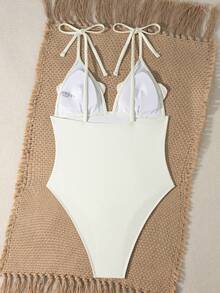 Bonvoyette Bandeau + 3D Floral Beading: The 3D Floral And Pearl/Rhinestone Beading On The Chest Is Its Signature Design, Bringing A Sense Of Sophistication And Vintage Atmosphere, Perfect For Photos. One-Piece Cut + Side Tie: The One-Piece Silhouette Can Effectively Flatter The Waist And Abdominal Lines, Suitable For Beach Vacations, Hot Springs, And Pool Photos. - Beige - View 4