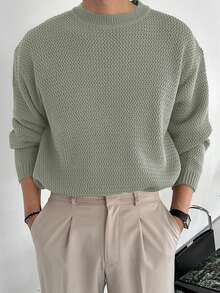DAZY Men Solid Color Crew Neck Long Sleeve Sweater, Autumn - Army Green - View 5