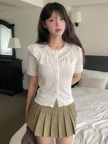 DAZY 女款夏季休閒純色荷葉邊前開扣T恤 - 白色 - 查看 7
