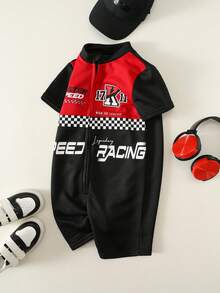 SHEIN 小男孩休閒運動拼接撞色立領短袖賽車服 機車服 F1賽車手連身衣 字母圖案針織柔軟小立領短袖連身短褲 適合外出、度假、旅行，春夏季穿著 - 彩色 - 查看 5